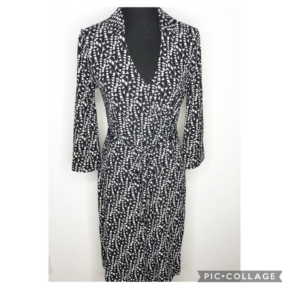 Brooks Brothers black white bird print faux wrap midi dress size Small - Picture 1 of 16